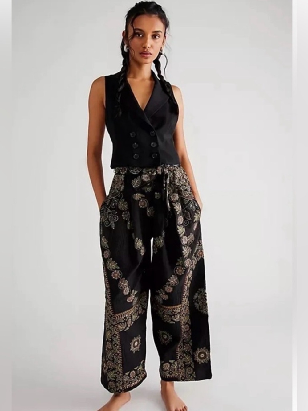 Free People Samara Embroidered Wide Leg Cotton Pants W/ Belt
